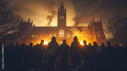Students protest on college campus at night  photo