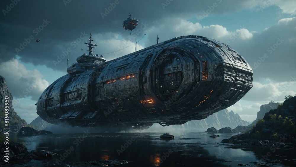 Spaceship hovering above the ground Spaceship hovering above the ground