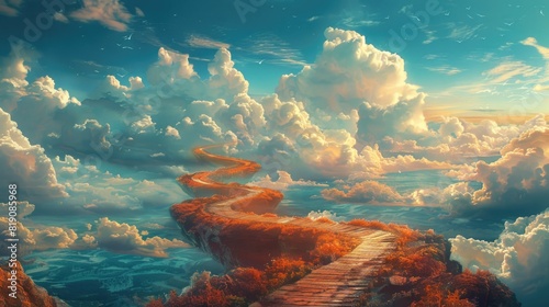 Painting of a beautiful landscape, there is a long and winding path leading up. photo