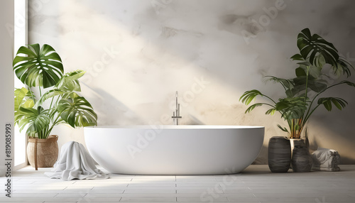 A white bathtub is surrounded by potted plants and a vase