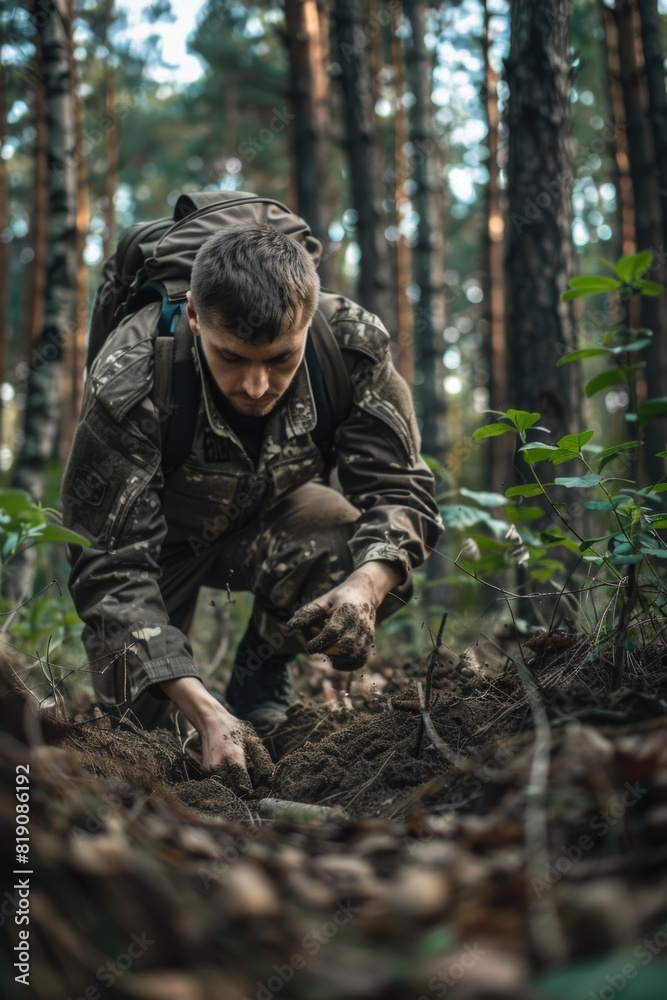A man in camouflage crouches down in the woods. Suitable for outdoor and survival themes A man in camouflage crouches down in the woods. Suitable for outdoor and survival themes