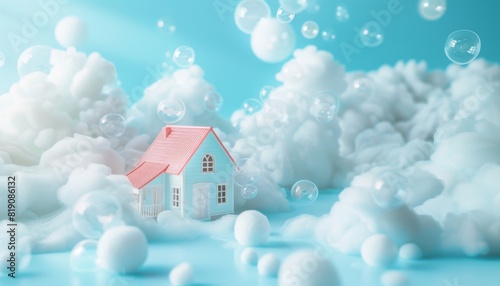 A house inside soap bubbles, surrounded by other houses. Concept of real estate market or housing. MEDIA assumption about the fragility and housing on pale blue background photo