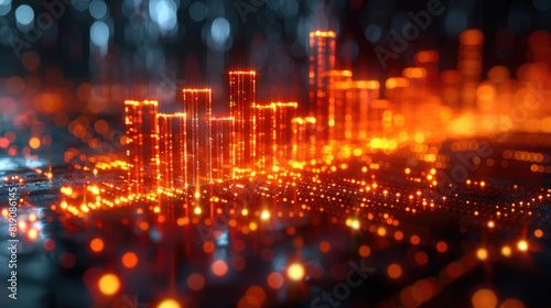 A 3D rendering of a city with glowing orange buildings and lights.