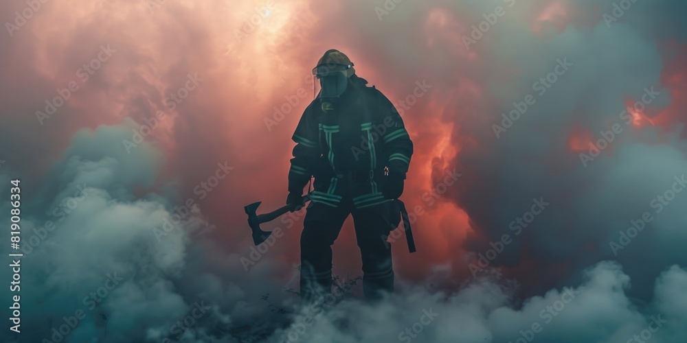 Fireman with axe in the smoke. Fireman with axe in the smoke.