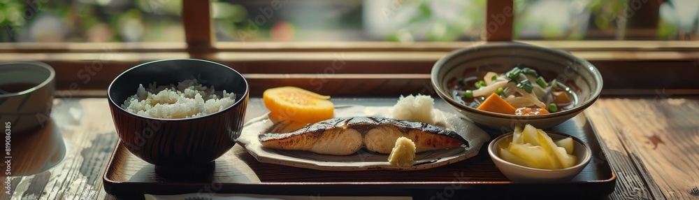 A traditional Japanese breakfast tray featuring grilled fish, miso soup, steamed rice, and pickled vegetables, with a morning light window view A traditional Japanese breakfast tray featuring grilled fish, miso soup, steamed rice, and pickled vegetables, with a morning light window view