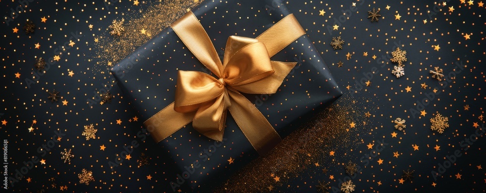 Dark background, black gift box with golden ribbon and starry glitter on top view. Black gift boxes. New Year or Christmas concept. Birthday present flat lay Dark background, black gift box with golden ribbon and starry glitter on top view. Black gift boxes. New Year or Christmas concept. Birthday present flat lay