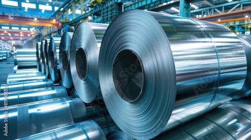 Industrial steel rolls in a factory setting. Suitable for manufacturing and industrial concepts photo