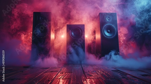 Three black speakers emitting colorful smoke on a wooden floor, dramatic lighting. photo