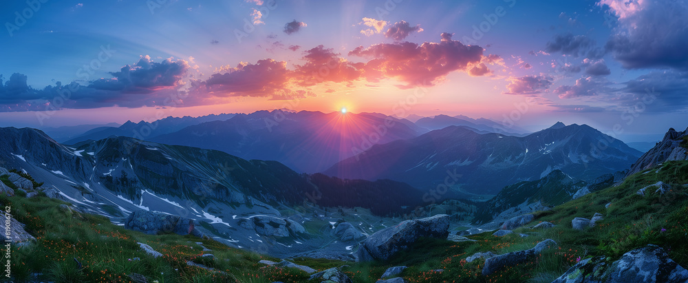 Stunning Sunset over Mountain Range with Vibrant Colors, Ideal for Nature and Landscape Photography