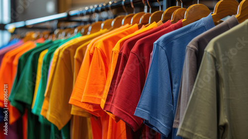 A variety of t-shirts are hanging on a rack in a store. The shirts are of different colors, including green, blue, orange, and red.
