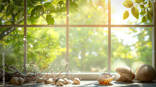 A photo of a bright room with a large window through which you can see green trees. Stones  shells and twigs are arranged on the windowsill 