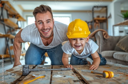 Father and Son Working on Wooden Floor
