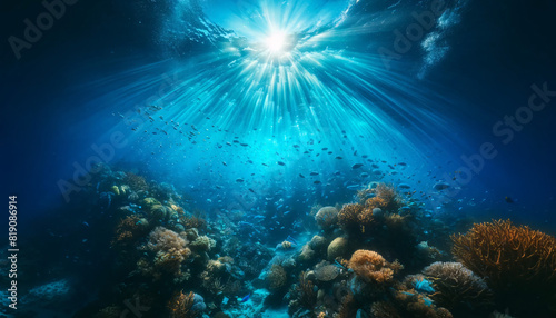 An underwater scene capturing a beautiful oceanic environment. Sunlight pierces through the water from above