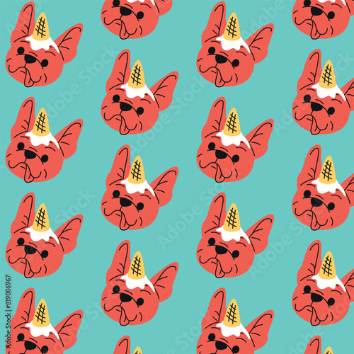 CUTE FRENCH BULLDOG WITH AN ICE CREAM ON HIS HEAD SEAMLESS PATTERN