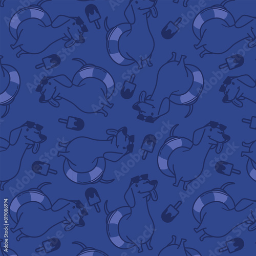 CUTE DACHSHUND WITH RUBBER RING AND ICE CREAM SEAMLESS PATTERN