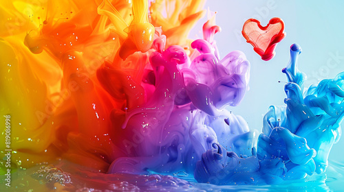 Rainbow-colored ink drops in water a heart-shaped drop on the right for dynamic and fluid artistic visuals.