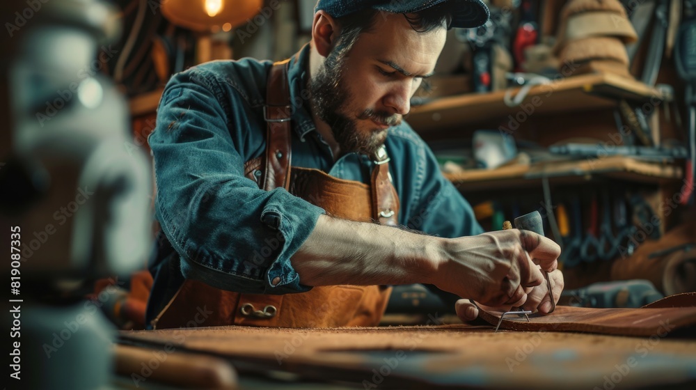 A man focused on woodworking, suitable for craft or DIY projects