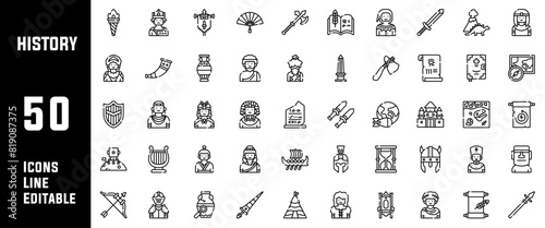 50 History Icons Set Line Editable Vector Illustration