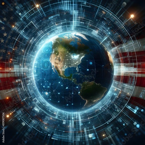 Digital world globe centered on America  concept of global network and connectivity on Earth  high speed data transfer and cyber technology  information exchange and international telecommunication