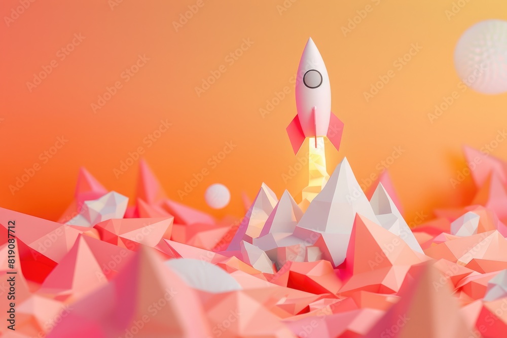 Rocket flying over a mountain of origami, suitable for technology and creativity concepts Rocket flying over a mountain of origami, suitable for technology and creativity concepts