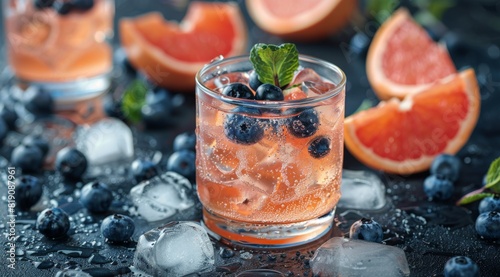 Refreshing Grapefruit and Blueberry Drink With Ice