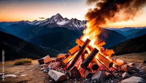 A dramatic campfire blazes at dusk with a backdrop of majestic snow-capped mountains under a gradient evening sky.. AI Generation