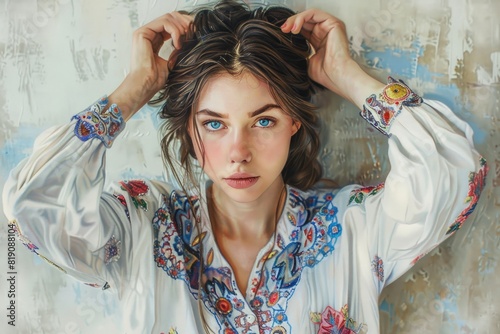 Realistic painting of a woman with striking blue eyes. Perfect for art enthusiasts and interior designers photo