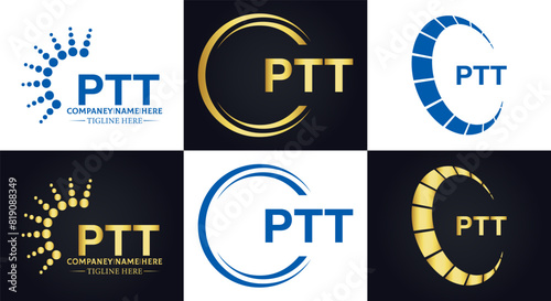 PTT logo. P T T design. White PTT letter. PTT, P T T letter logo design. P T T letter logo design in FIVE, FOUR, THREE, style. letter logo set in one artboard. P T T letter logo vector design. photo