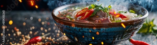 Bowl of pho with beef slices, rice noodles, and aromatic herbs, steaming hot, authentic Vietnamese street food stall photo