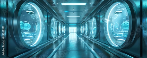 Stem cell banking facility, storage of stem cells for future medical use, secure and hightech environment, cold metallic tones, digital render