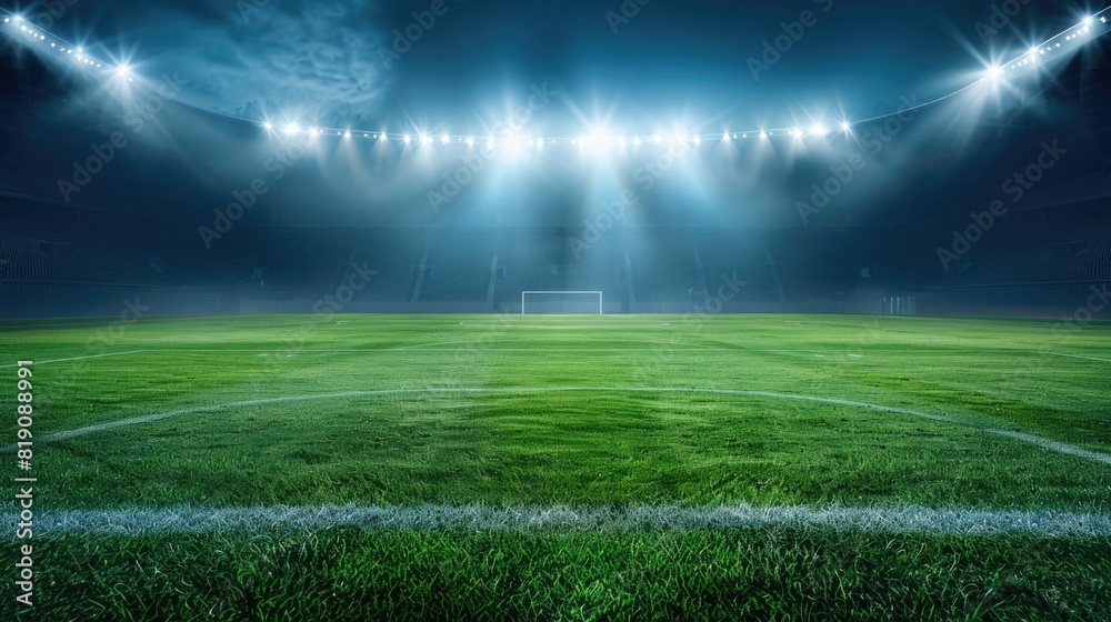  Football stadium arena for match with spotlight. Soccer sport background, green grass field for competition champion match
