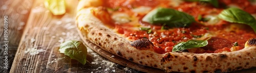 Closeup of a traditional Neapolitan pizza on a rustic wooden table  vibrant tomato sauce and fresh basil leaves  soft evening sunlight  Italian countryside background
