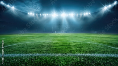  Football stadium arena for match with spotlight. Soccer sport background, green grass field for competition champion match