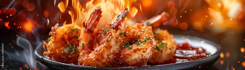 Coconut shrimp, fried and served with sweet chili sauce, tropical beach bar Coconut shrimp, fried and served with sweet chili sauce, tropical beach bar