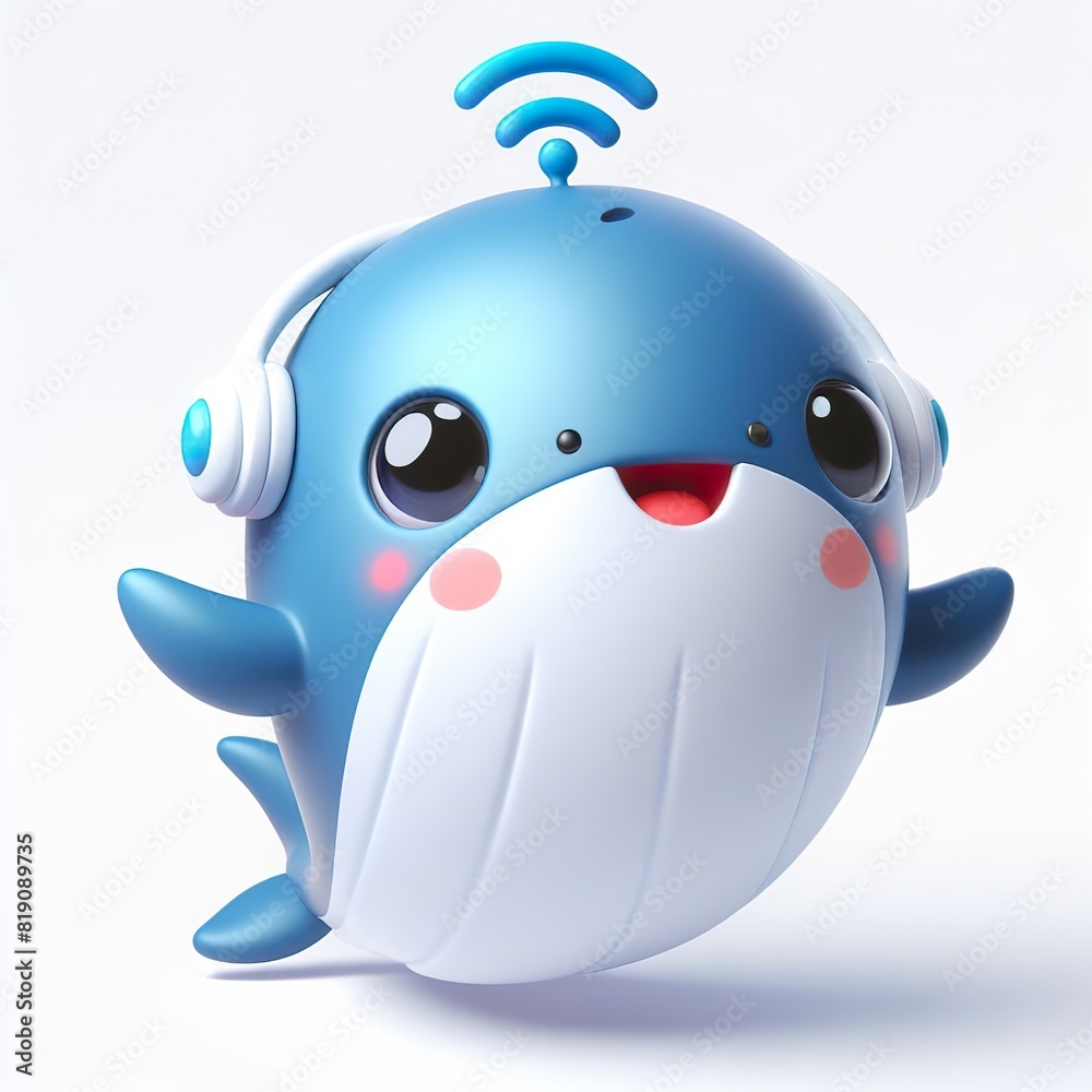 cute 3D funny cartoon Whale with small wireless headphone on head smiling and dancing, white background cute 3D funny cartoon Whale with small wireless headphone on head smiling and dancing, white background