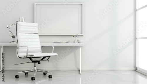 Sophisticated all-white home office with one frame on a white wall  featuring a white executive desk and a high-back white swivel chair.