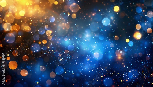 Abstract background with golden and blue lights, glitter bokeh, and night light effect. Perfect for celebrations or party design