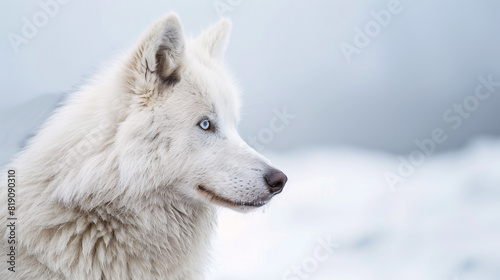 Profile view of a white Siberian Husky with blue eyes. The serene backdrop complements the dog's thick fur and focused expression...