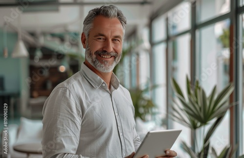 Smiling Man Holding Tablet Computer in Office