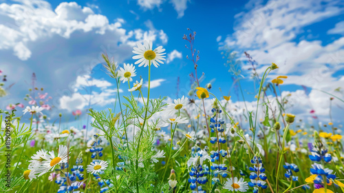 Close-up view of a picturesque field blanketed with chamomile flowers and blue wild peas,