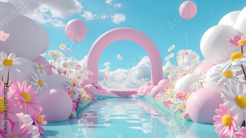 Inflated Arched Door Background, Inflated Flowers and Balloons, Product Showcase Background, Wedding Scene Background, Party Scene Background