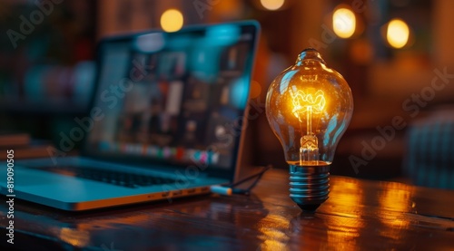 Light Bulb and Laptop on Table