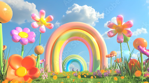 Inflated Arched Door Background, Inflated Flowers and Balloons, Product Showcase Background, Wedding Scene Background, Party Scene Background