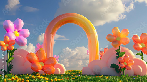 Inflated Arched Door Background, Inflated Flowers and Balloons, Product Showcase Background, Wedding Scene Background, Party Scene Background
