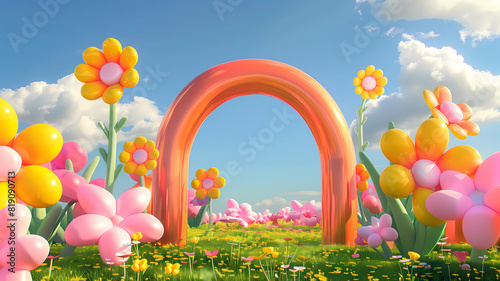 Inflated Arched Door Background, Inflated Flowers and Balloons, Product Showcase Background, Wedding Scene Background, Party Scene Background