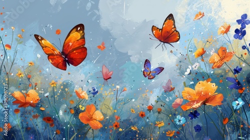 A whimsical illustration of colorful butterflies fluttering amidst a field of wildflowers  symbolizing freedom  transformation  and the beauty of nature.