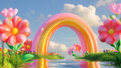 Inflated Arched Door Background, Inflated Flowers and Balloons, Product Showcase Background, Wedding Scene Background, Party Scene Background