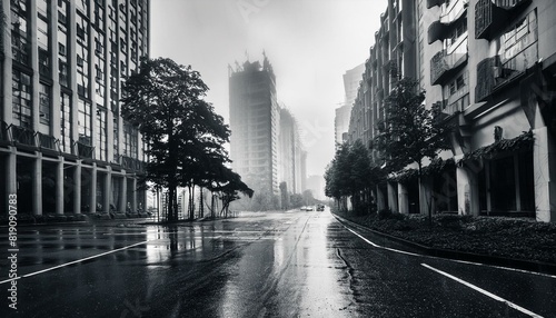abandoned apocalyptic city streets wih skyscrapers in fog with cloudy skyes in rain
