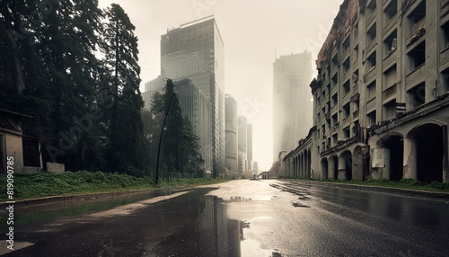 abandoned apocalyptic city streets wih skyscrapers in fog with cloudy skyes in rain photo