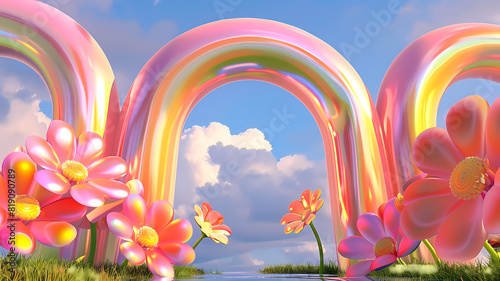 Inflated Arched Door Background, Inflated Flowers and Balloons, Product Showcase Background, Wedding Scene Background, Party Scene Background